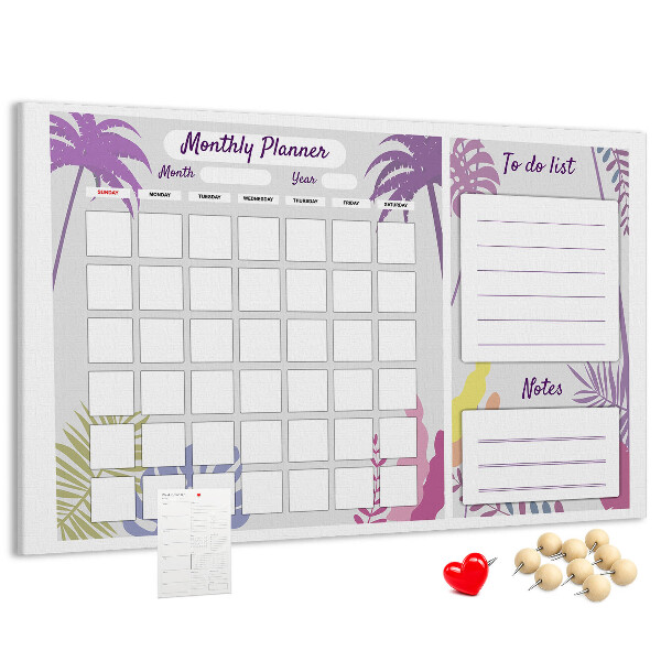 Tablero de anuncios calendario mensual con diseño de plantas tropicales