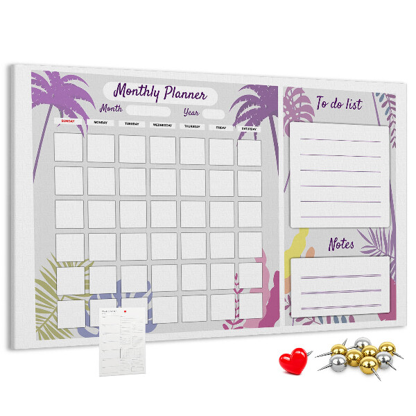 Tablero de anuncios calendario mensual con diseño de plantas tropicales