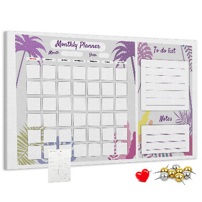 Tablero de anuncios calendario mensual con diseño de plantas tropicales