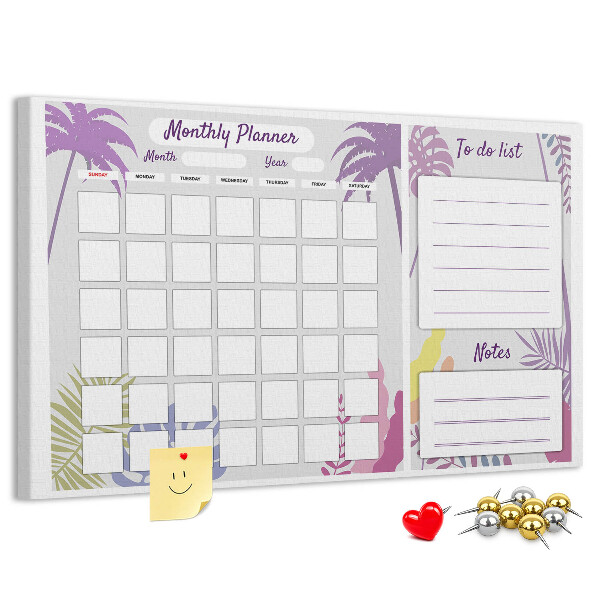Tablero de anuncios calendario mensual con diseño de plantas tropicales