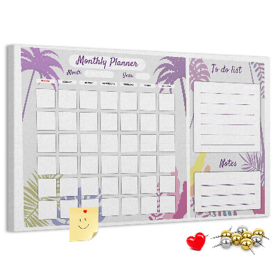 Tablero de anuncios calendario mensual con diseño de plantas tropicales