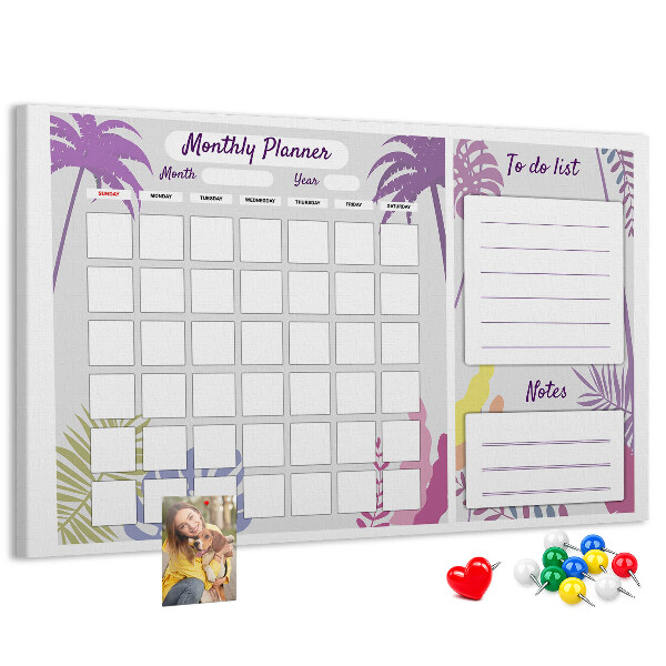 Tablero de anuncios calendario mensual con diseño de plantas tropicales
