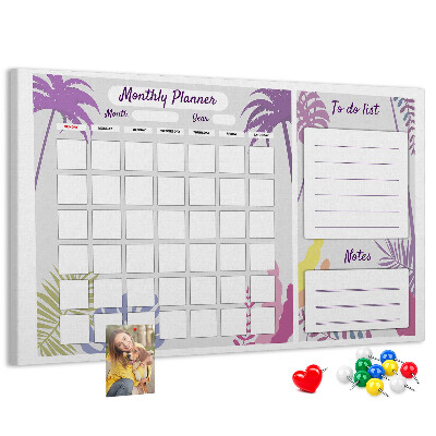 Tablero de anuncios calendario mensual con diseño de plantas tropicales