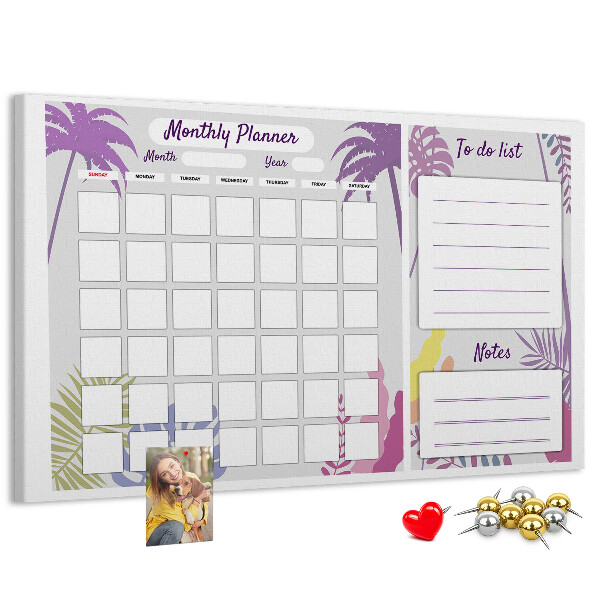 Tablero de anuncios calendario mensual con diseño de plantas tropicales