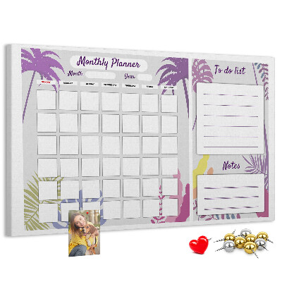 Tablero de anuncios calendario mensual con diseño de plantas tropicales