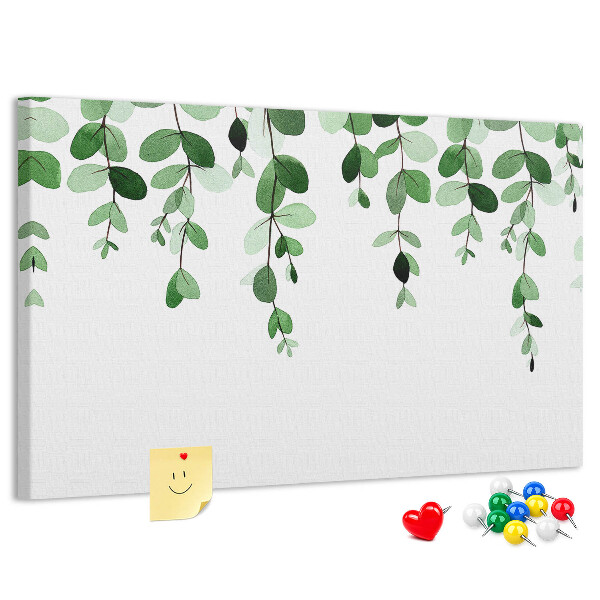 Pizarra de corcho con diseño de hojas verdes en estilo acuarela