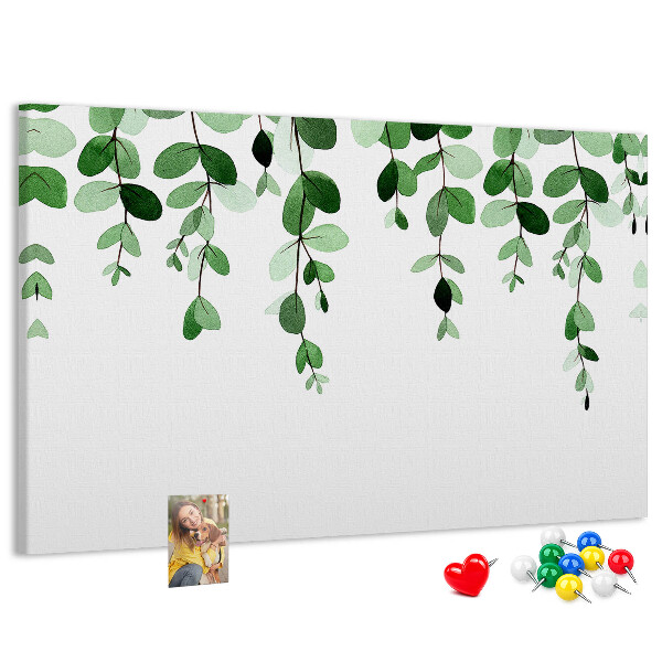 Pizarra de corcho con diseño de hojas verdes en estilo acuarela