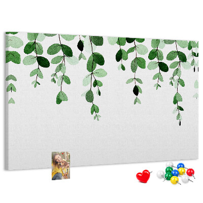 Pizarra de corcho con diseño de hojas verdes en estilo acuarela