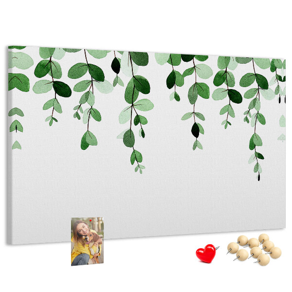 Pizarra de corcho con diseño de hojas verdes en estilo acuarela