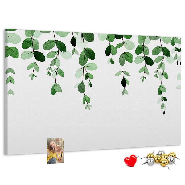 Pizarra de corcho con diseño de hojas verdes en estilo acuarela