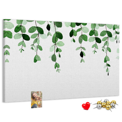 Pizarra de corcho con diseño de hojas verdes en estilo acuarela