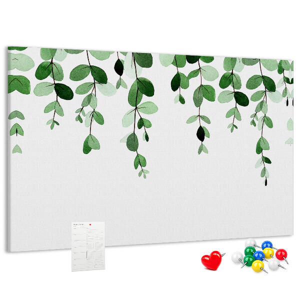 Pizarra de corcho con diseño de hojas verdes en estilo acuarela
