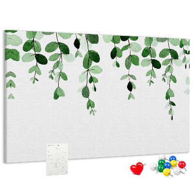 Pizarra de corcho con diseño de hojas verdes en estilo acuarela