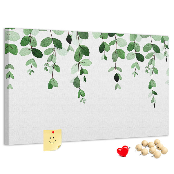 Pizarra de corcho con diseño de hojas verdes en estilo acuarela