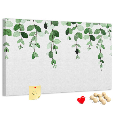 Pizarra de corcho con diseño de hojas verdes en estilo acuarela