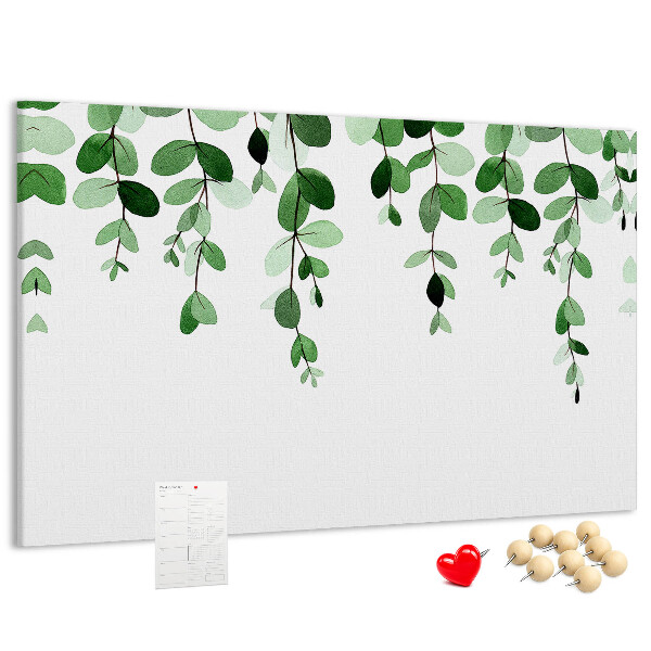 Pizarra de corcho con diseño de hojas verdes en estilo acuarela