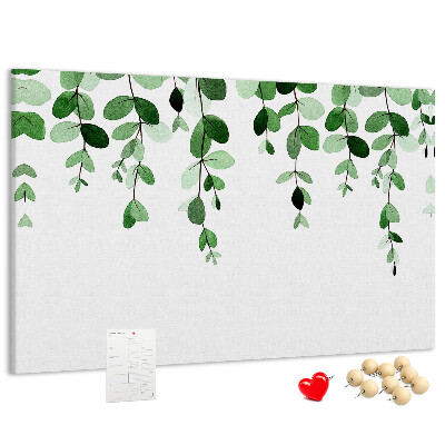 Pizarra de corcho con diseño de hojas verdes en estilo acuarela
