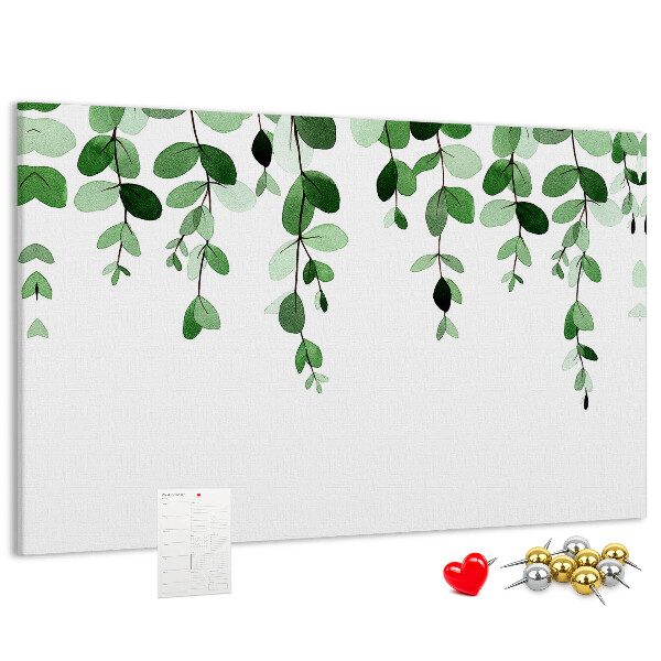 Pizarra de corcho con diseño de hojas verdes en estilo acuarela