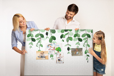 Pizarra de corcho con diseño de hojas verdes en estilo acuarela