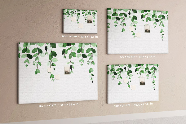 Pizarra de corcho con diseño de hojas verdes en estilo acuarela