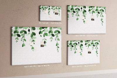 Pizarra de corcho con diseño de hojas verdes en estilo acuarela