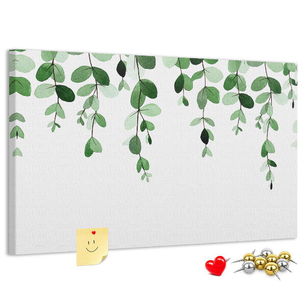Pizarra de corcho con diseño de hojas verdes en estilo acuarela
