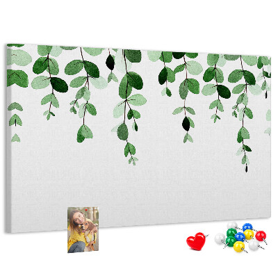 Pizarra de corcho con diseño de hojas verdes en estilo acuarela
