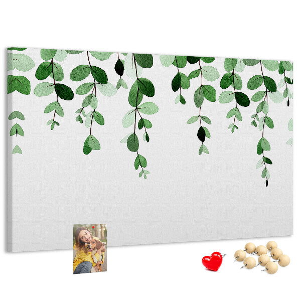 Pizarra de corcho con diseño de hojas verdes en estilo acuarela