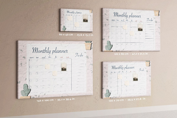 Pizarra de corcho con diseño de agenda mensual y motivos de plantas