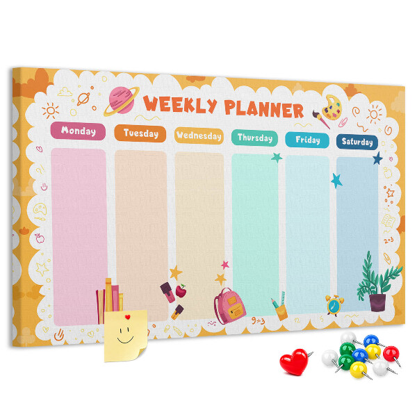 Tablero de corcho decorado agenda semanal con motivos escolares coloridos