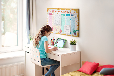 Tablero de corcho decorado agenda semanal con motivos escolares coloridos