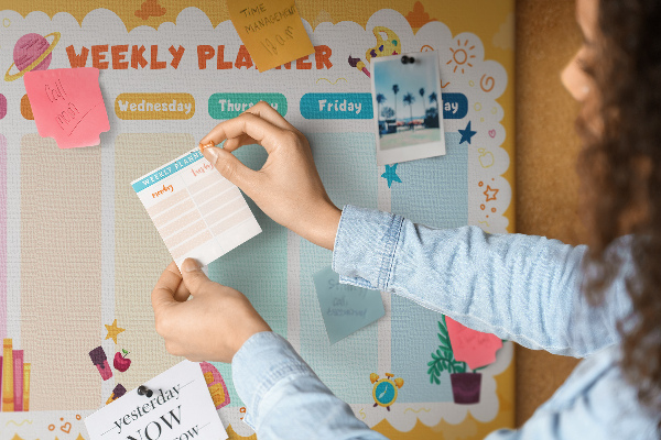 Tablero de corcho decorado agenda semanal con motivos escolares coloridos