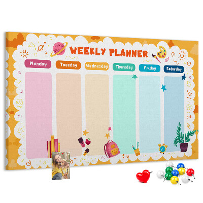 Tablero de corcho decorado agenda semanal con motivos escolares coloridos