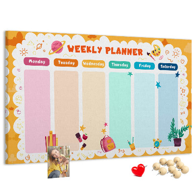Tablero de corcho decorado agenda semanal con motivos escolares coloridos