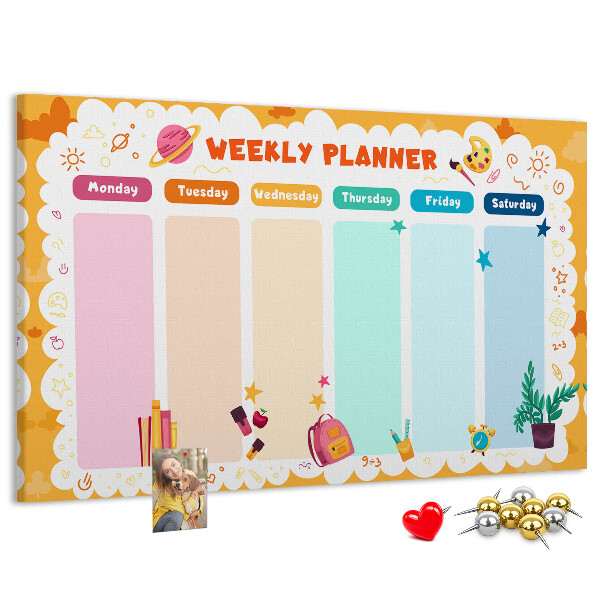 Tablero de corcho decorado agenda semanal con motivos escolares coloridos