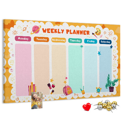Tablero de corcho decorado agenda semanal con motivos escolares coloridos