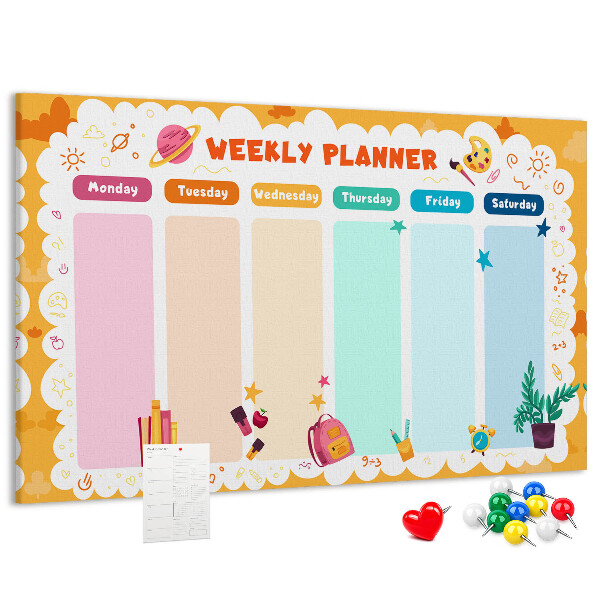 Tablero de corcho decorado agenda semanal con motivos escolares coloridos