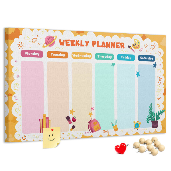 Tablero de corcho decorado agenda semanal con motivos escolares coloridos