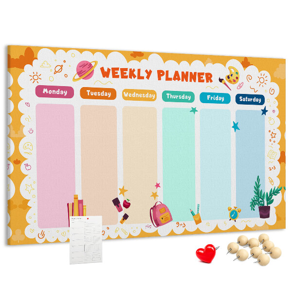 Tablero de corcho decorado agenda semanal con motivos escolares coloridos