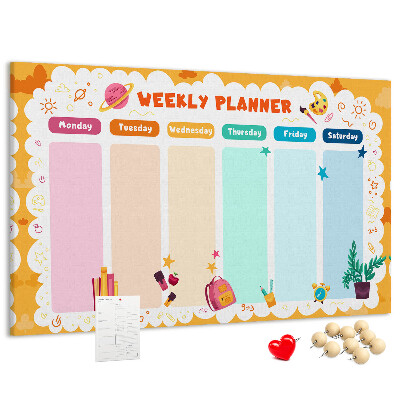 Tablero de corcho decorado agenda semanal con motivos escolares coloridos