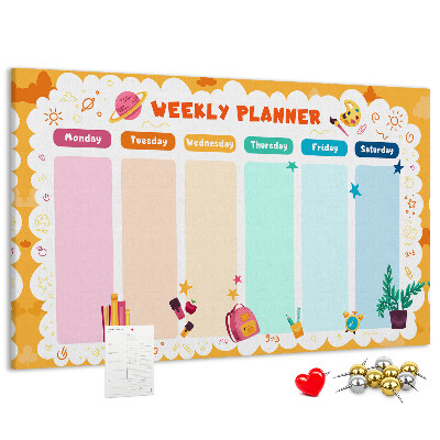 Tablero de corcho decorado agenda semanal con motivos escolares coloridos
