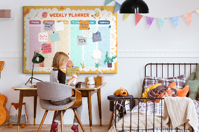 Tablero de corcho decorado agenda semanal con motivos escolares coloridos