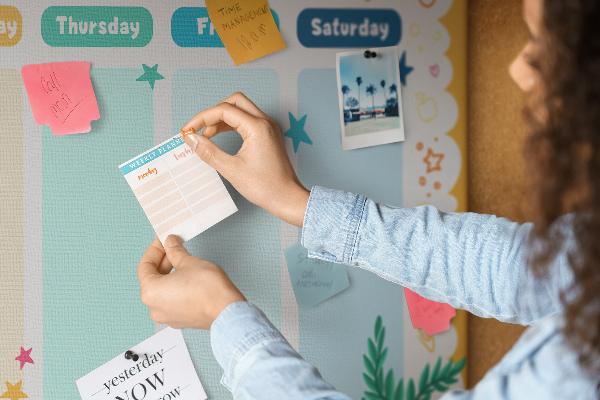 Tablero de corcho decorado agenda semanal con motivos escolares coloridos