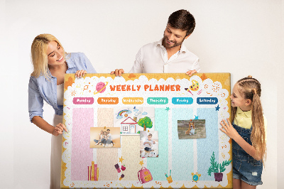 Tablero de corcho decorado agenda semanal con motivos escolares coloridos