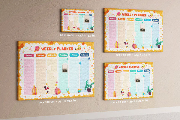 Tablero de corcho decorado agenda semanal con motivos escolares coloridos