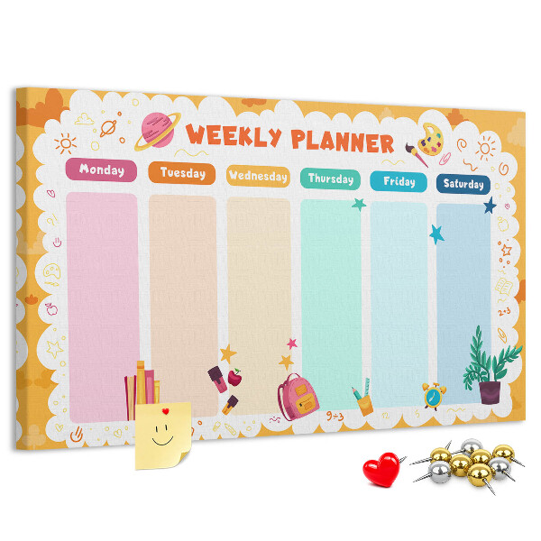 Tablero de corcho decorado agenda semanal con motivos escolares coloridos