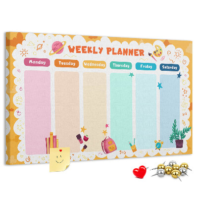 Tablero de corcho decorado agenda semanal con motivos escolares coloridos
