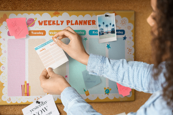 Tablero de corcho decorado agenda semanal con motivos escolares coloridos