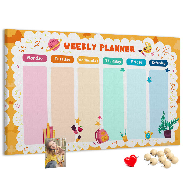 Tablero de corcho decorado agenda semanal con motivos escolares coloridos
