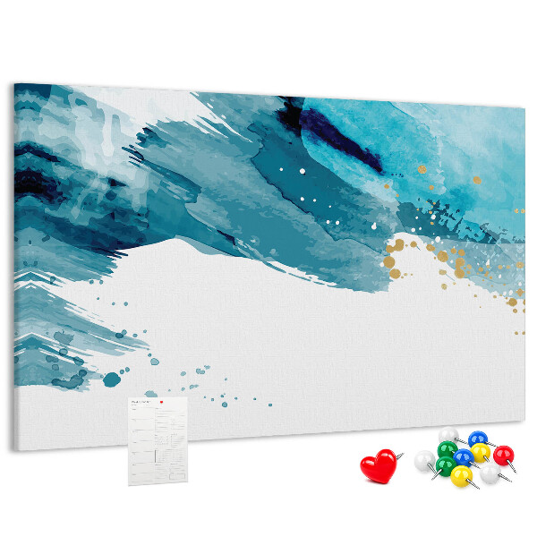 Pizarra de corcho con diseño de olas azules y detalles dorados